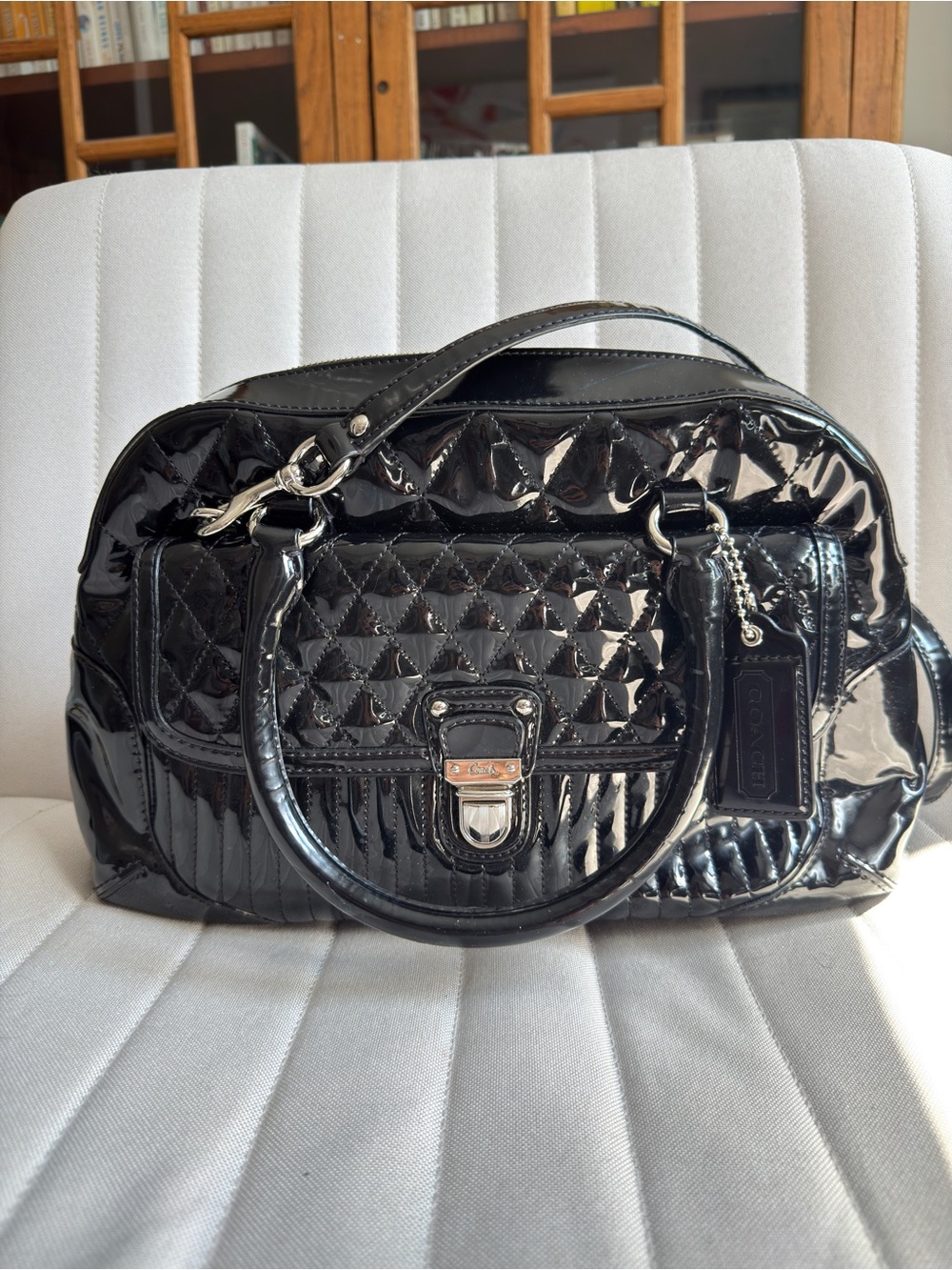 Coach Poppy Black Patent Quilted Satchel